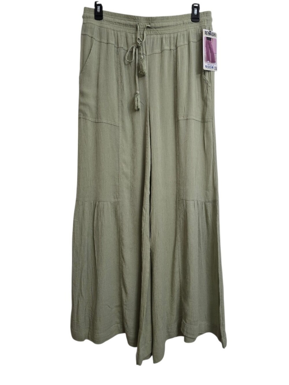 Rewash Tiered Wide-Leg Drawstring Palazo Pants in Light Olive Green Size XL